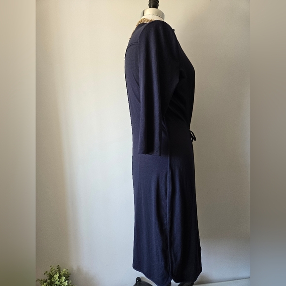 OLSEN Lightweight, Stretchy Navy Blue Midi Dress With Cinchable Belt. Size 12 - Picture 5 of 10